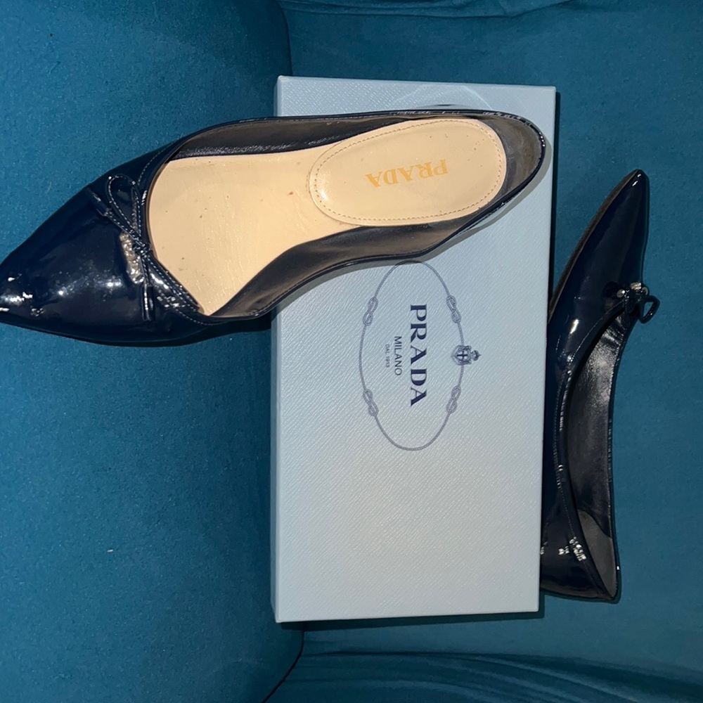Authentic “ Prada “Navy Blue Patent Leather  Ballet Flats